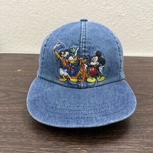 Mickey & Friends Hat Cap Strapback Blue Denim Stretch Disneyland Vintage Osfa